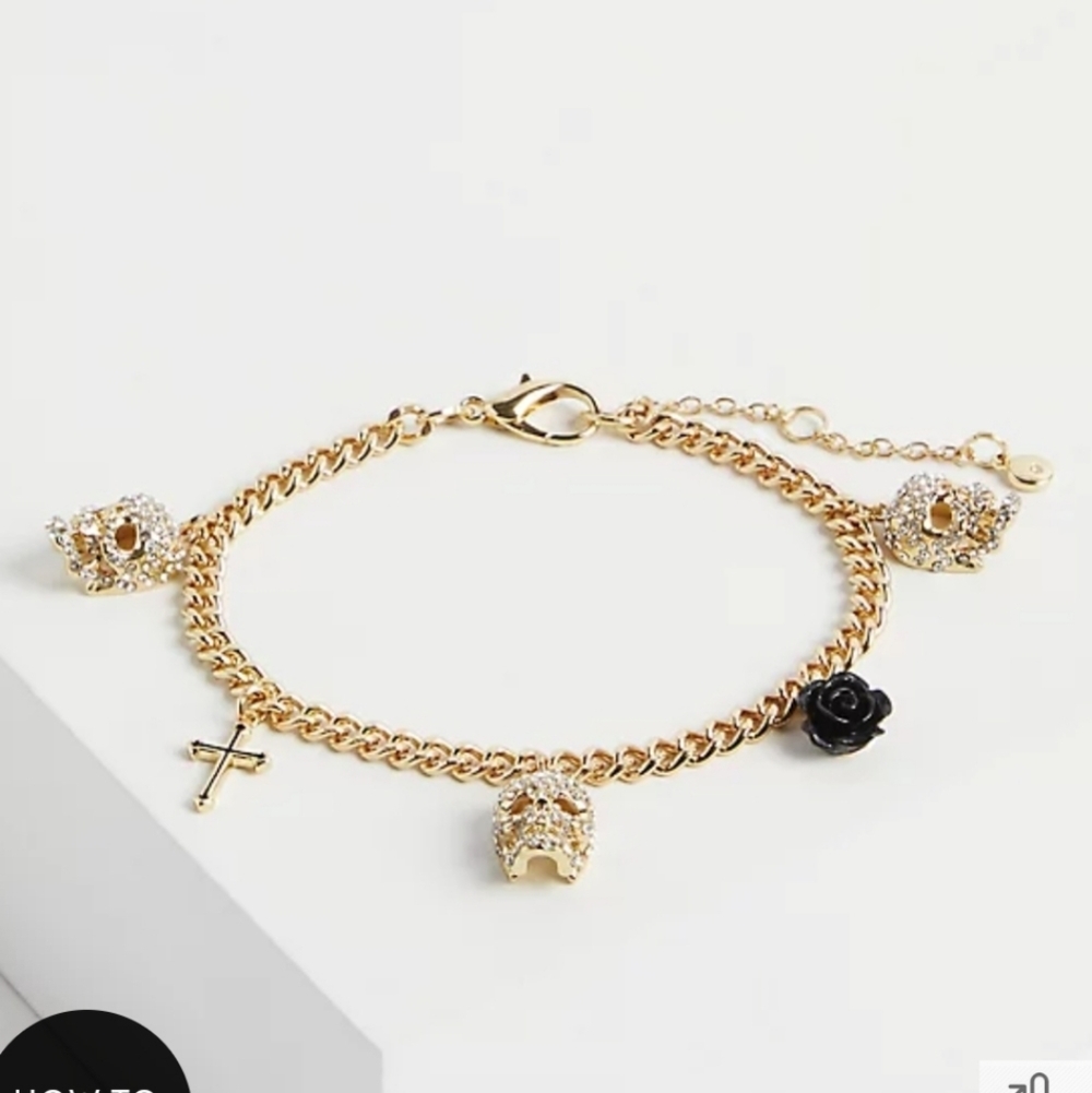 🆕️☠️🌹SKULL / ROSE / CROSS RHINESTONE CHARM BRACELET - GOLD TONE🌹☠️